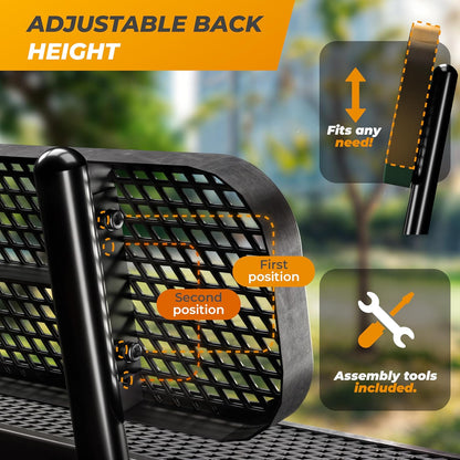 Heavy-Duty Outdoor Metal Bench, Thermoplastic-Coated, Surface, Weatherproof, Commercial-Grade for Parks, Gardens, Patios, Stores & More (6 Ft - Surface with Back, Black)