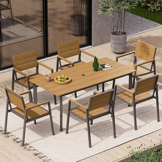 Outdoor Dining Set for 6, Outdoor Table and Chairs Set with Umbrella Hole, Patio Dining Sets, 7 Pieces HDPS Outdoor Furniture Sets for Patio, Garden, Backyard (Gray & Teak)
