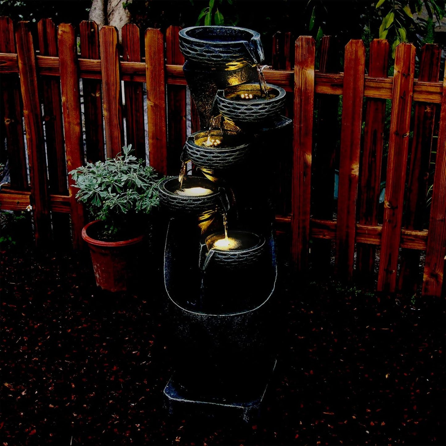 35.83''H Indoor Outdoor Modern Water Fountain 6-Tiers Garden Cascading Fountains Curve Shape Floor Standing Waterfall Water Feature with LED Light for Yard Deck Patio Home Art Decor