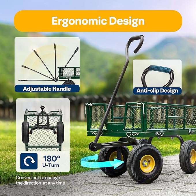 VIVOHOME Heavy Duty 880 Lbs Capacity Mesh Steel Garden Cart Folding Utility Wagon with Removable Sides and 4.10/3.50-4" Wheels 10 Inch Tire(Green)