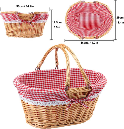 14.2 Inch Natural Wicker Basket with Linen Cotton Cloth Lining, Oval Wicker woven Basket with Handle, Willow Woven Picnic Baskets for Picnic, Camping, Party(Large)