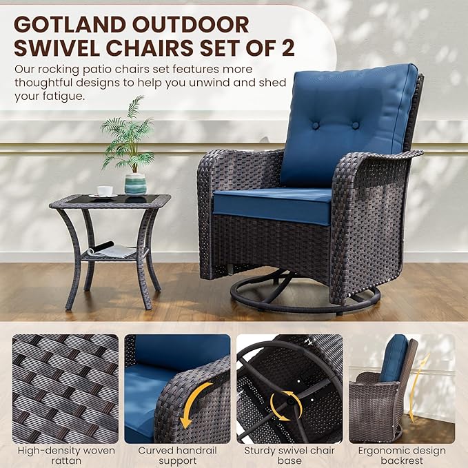 Gotland Outdoor Swivel Chairs Set of 2, 3 Pieces Patio Furniture Set with Thick Cushion, Wicker Rocking Patio Chairs Set of 2, Patio Bistro Set with Double-Layer Coffee Table for Balcony Porch Navy