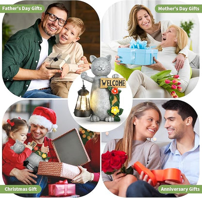 Json Garden Statue Solar Cat Figurine with Lantern, Solar Garden Decorations Statues for Patio, Balcony, Yard Ornament, Unique House Warming Gifts Figurine Lights, Gifts for Women, Mom