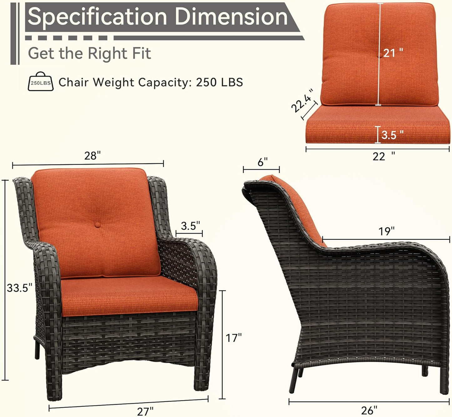 Patio Wicker Chairs Set of 2, Patio Rattan Dining Chairs with 3.5-inch Seat Cushions, High Back and Curved Armrest for Garden, Backyard, Balcony and Deck, Orange