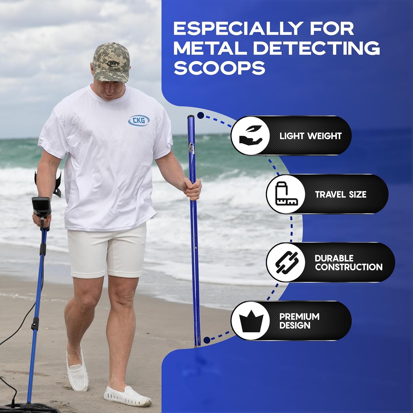 CKG Metal Detector Shovel Travel Carbon Handle for Scoop Shovel, Universal Lightweight Pole for Beach Metal Detecting Digging Tools Treasure Hunting 3k Carbon Fiber Long Tube Rod – Blue/Travel Size
