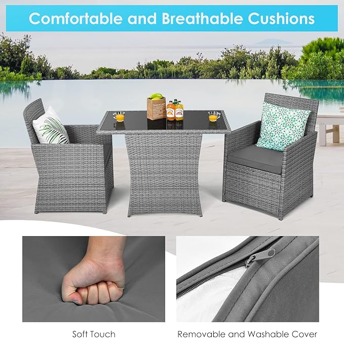 HAPPYGRILL 3-Piece Outdoor Wicker Bistro Set Space-Saving PE Rattan Dining Table Set with Cushioned Chairs, Patio Conversation Set for Backyard Porch Garden and Poolside