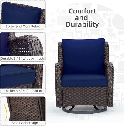 Towallmark Outdoor Swivel Wicker Glider Patio Chairs with Table Set, 3 Pieces Outdoor Bistro Set with 4”Thick Cushions and Coffee Table for Porch, Balcony, Deck (Blue)