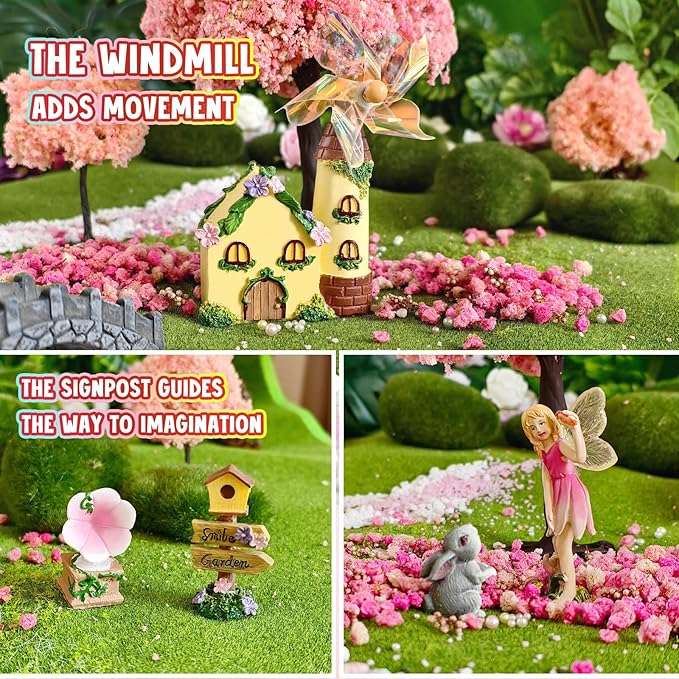 DONABELA Fairy Garden Kit Pink Mini Windmill House Decor Set Rabbit Flower Pot Supplies Signpost CD Player Resin Figurines Accessories Gift Indoor Outdoor Yard