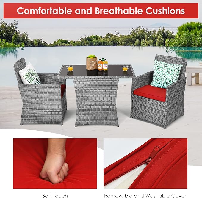 HAPPYGRILL 3 Piece Outdoor Wicker Bistro Set Space-Saving PE Rattan Dining Table Set with Cushioned Chairs, Patio Conversation Set for Backyard Porch Garden and Poolside