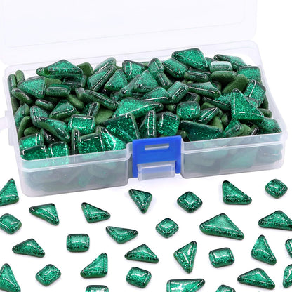 Swpeet 1 Pound Deep Green Shine Crystal Series Mosaic Tiles Assortment Kit, Square and Triangle Genuine Mosaic Tiles Glitter Crystal Mosaic Perfect for Home Decoration Crafts