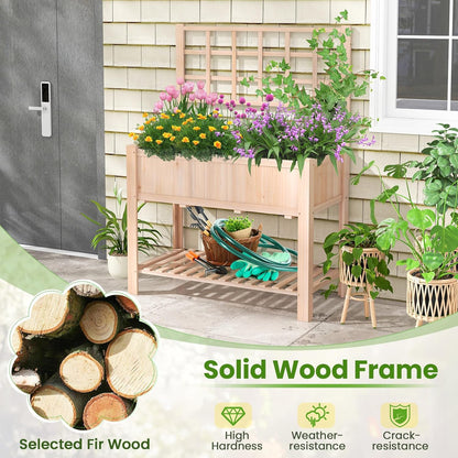 S AFSTAR Raised Garden Bed with Trellis, 42x21x58in Elevated Planter Box with Legs, Bottom Storage Shelf, Planter Liner, Wood Standing Planter Stand for Climbing Plants Flowers Vegetables Herbs