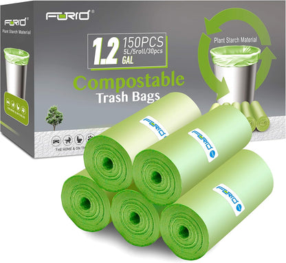 Compostable Trash Bags - FORID 1.2 Gallon Small Garbage Bags 150 Count Mini Strong Trash Can Liners 5 Liter Unscented Wastebasket Bags for Kitchen Bathroom Office Home Garbage Can (5 Rolls/Green)