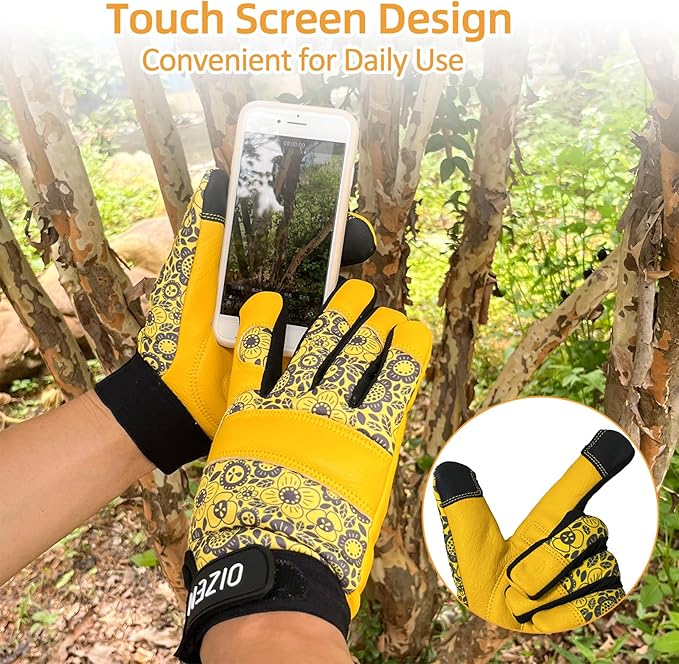 Cowhide Leather Thorn Proof & Puncture Resistant Gardening Gloves for Women and Men, Touchscreen Compatible Working Gloves for Weeding, Digging, Planting, Gardening Gifts for Women (Size Medium)