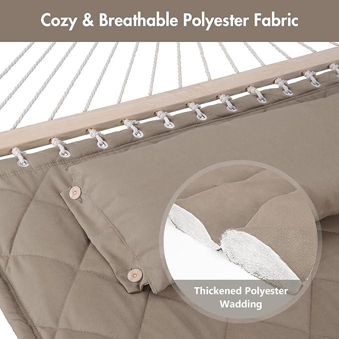 ANOW Double Hammock with Spreader Bars and Detachable Pillow, 2 Person Hammock for Outside, 450 LBS Weight Capacity, Light Brown