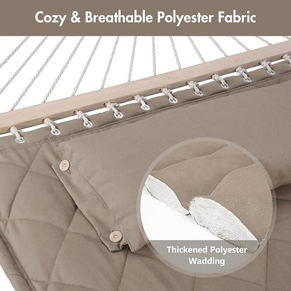 ANOW Double Hammock with Spreader Bars and Detachable Pillow, 2 Person Hammock for Outside, 450 LBS Weight Capacity, Light Brown