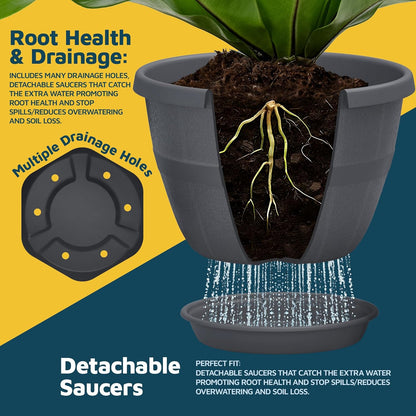 10-Inch Whiskey Barrel Planters Outdoor Pack of 10 - Durable Plastic Plant Pots for Indoor & Outdoor Use with Drainage & Saucer, Lightweight Rustic Barrel Planters for Flowers, Herbs & Small Plants