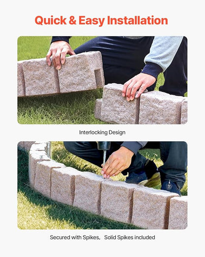 VEVOR Faux Stone Landscape Edging, No Dig Garden Edging Border, Flexible Blocks for Lawn Edging, Flower Beds, Driveway, Yards with 12 Spikes, 4 Pack 24 Bricks 16FT Kit, 46.9" Lx 4" W x 6" H, Beige