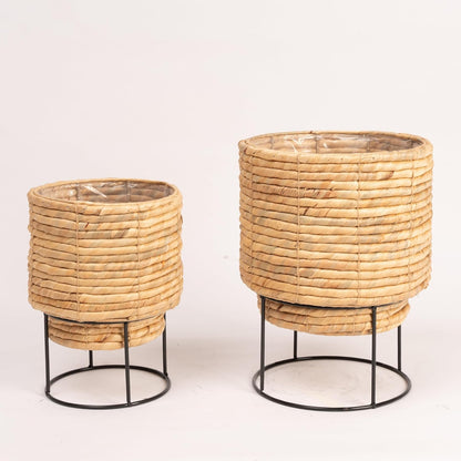 Set of 2 Water Hyacinth Planter Pot with Metal Stand - Indoor Flower, Succulent & Basket Planter - Decorative Braided Pot Cover