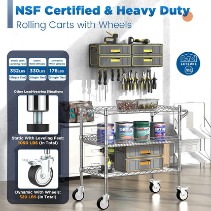 Leteuke Heavy Duty 3 Tier Rolling Utility Cart,NSF Certified 990Lbs Capacity Rolling Carts with Wheels,Commercial Grade Metal Cart with Handle Bar & Shelf Liner,Trolley Serving Cart for Kitchen,Chrome
