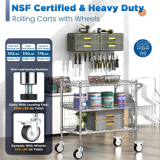 Leteuke Heavy Duty 3 Tier Rolling Utility Cart,NSF Certified 990Lbs Capacity Rolling Carts with Wheels,Commercial Grade Metal Cart with Handle Bar & Shelf Liner,Trolley Serving Cart for Kitchen,Chrome