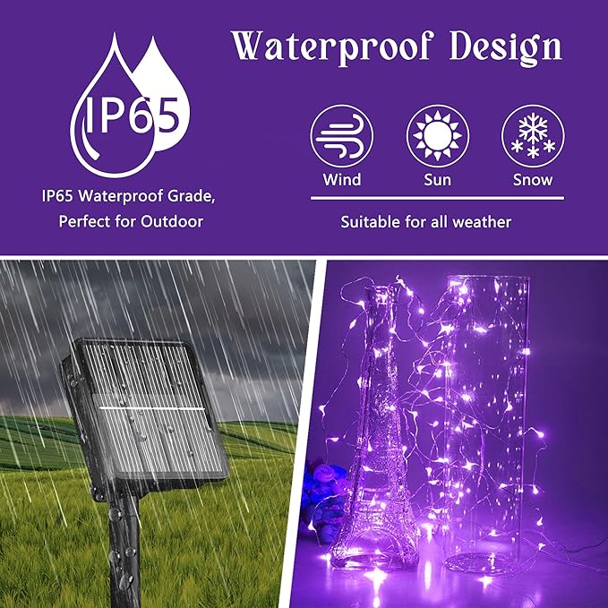 Solar String Lights for Outside, 72Ft 200 LED Solar Fairy Lights with 8 Modes, Solar Powered Fairy Lights Waterproof for Waterproof for Christmas Tree Garden Party Wedding Decor.（Purple）