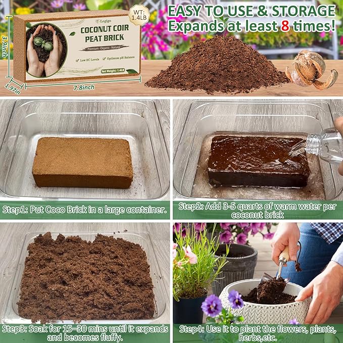 Legigo 2 Pack Premium Coco Coir Brick for Plants- 100% Organic Compressed Coconut Coir Bricks Starting Mix, Coco Coir Fiber Coconut Husk for Planting, Gardening, Potting Soil Substrate, Herbs
