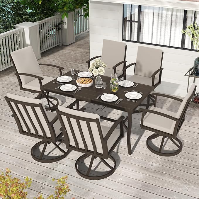 HAPPATIO 7 Piece Patio Swivel Dining Set, Aluminum Outdoor Dining Set for 6,Dining Table and Chairs Set, Patio Dining Furniture with Aluminum Table, Swivel Chairs and Washable Cushions (Black)