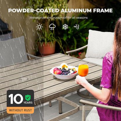 HAPPATIO Patio Table for 6, Large Modern Rectangle Outdoor Dining Table with Umbrella Hole and Adjustable Feet, All Weather Aluminum Patio Table for Garden, Backyard and Poolside, Grey