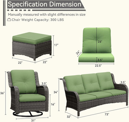5 Pieces Outdoor Patio Furniture Set - Conversation Set Includes Wicker Swivel Rocker Chairs Set of 2, 2 Ottoman, 3 Seat Sofa, Suitable for Porch, Yard, Mixed Brown Rattan, Green