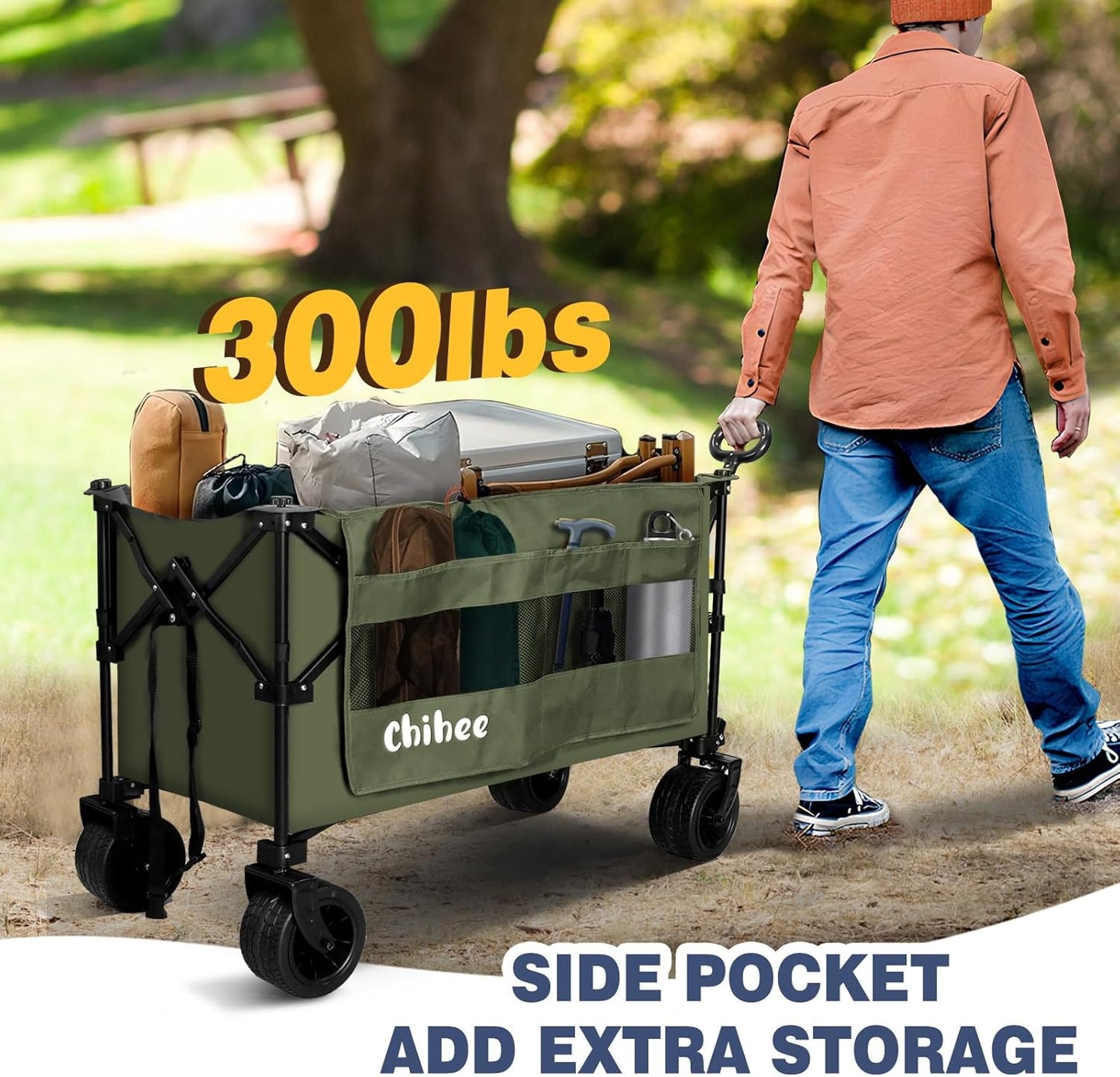 Chihee Garden Cart Collapsible Outdoor Utility Wagon Cart,Folding Beach Cart Oversized Capacity 254L,Heavy Duty Portable Wagon All Terrain Wheels Oversized Side Pocket 2 Drink Holders for Camping