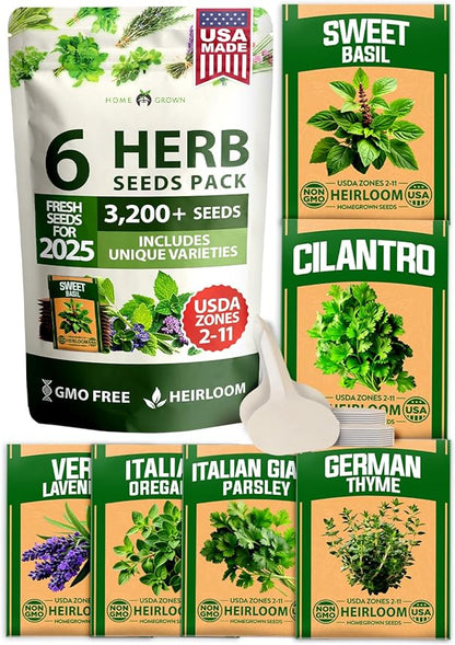HOME GROWN 6 Herb Seeds for Planting 3,200+ Non-GMO Heirloom Seeds | Extra Large Variety Pack Herb Kit – Indoor Outdoor & Hydroponic | Culinary Seed Set | Grow Your Own Herbs | Gift for Beginners
