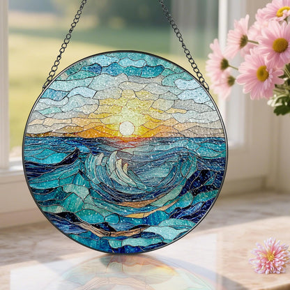 Stained Glass Window Hanging, Pauyadu 8 Inch Beach Stained Glass Suncatcher, Window Decoration Hanging, Sunrise Lover Gift, Natural Gift, Beach Home Decor, Gifts for Family, Friends, Colleagues