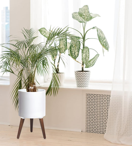D'vine Dev 12 Inch Planter Pot with Stand, Mid-Century Tall Plant Pot with Legs for Indoor Plants, Large, White, 88-O-C-1