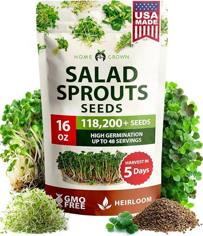 HOME GROWN Premium Sprouting Seeds Mix - Microgreens Seeds for Indoor Growing - Non-GMO Broccoli, Alfalfa, Radish, Clover Sprouts Seed - 16oz Resealable Pack for Healthy Salad & Juicing