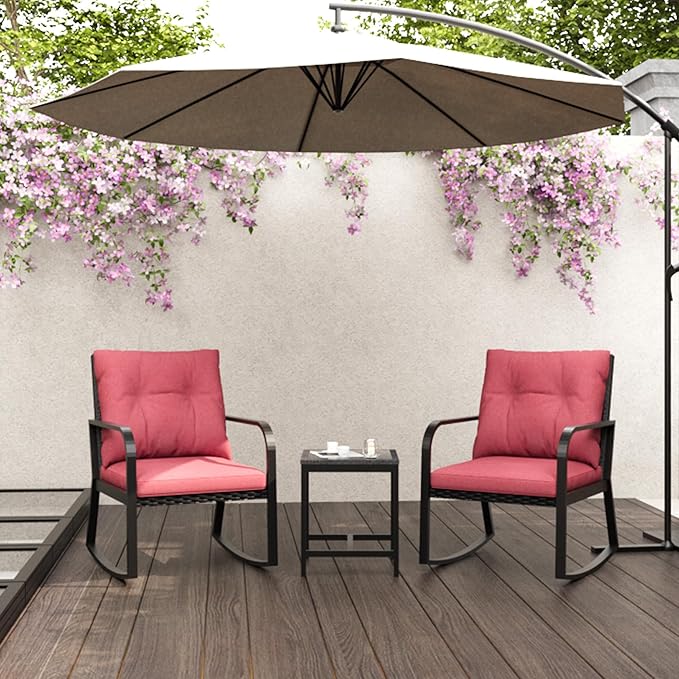 Bistro 3 Piece Patio Furniture Set, Patio Table and Rattan Outdoor Rocking Chairs Set of 2, Outdoor Bistro Conversation Set for Garden, Balcony, Poolside, Backyard, Red