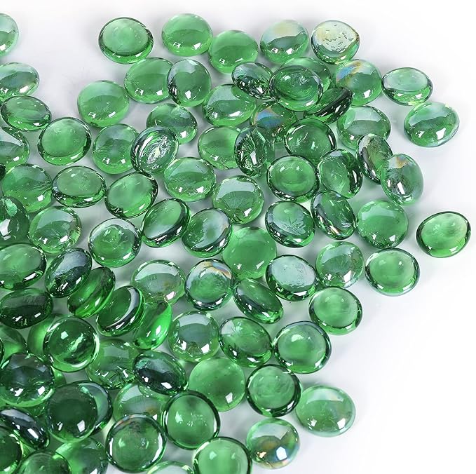 5LB Fire Glass Beads Flat Glass Marbles for Outdoor Fire Pit and Fireplace, Glass Gemstones for Vase Filler, Aquariums, Hydroponics Plants, Home Decor and Christmas DIY Craft, Green