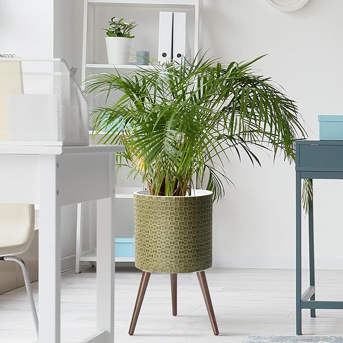 D'vine Dev 14 Inch Modern Geometric Tile Patterned Sleek Planter Pot with Stand, Indoor Outdoor Decorative Plant Holder, Distressed Olive, 88-Z-D-4