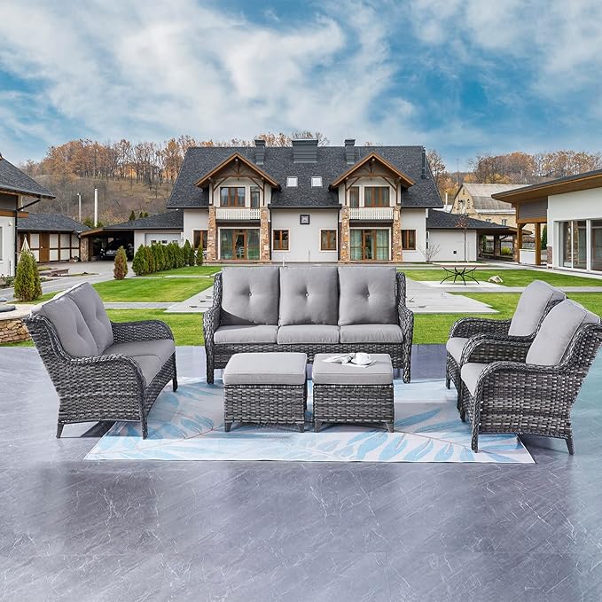 Rilyson Wicker Patio Furniture Set - 6 Piece Rattan Outdoor Sectional Conversation Sets with 1 Sofa,1 Loveseat,2 Armrest Chairs and 2 Ottomans for Porch Deck Garden(Mixed Grey/Grey)