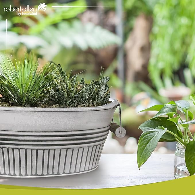 Headwind Vintage Collection 14-Inch Rustic White Oval Galvanized Tub with Handles – Metal Wash Basin Planter - Galvanized Metal Tub for Indoor & Outdoor Use by Robert Allen