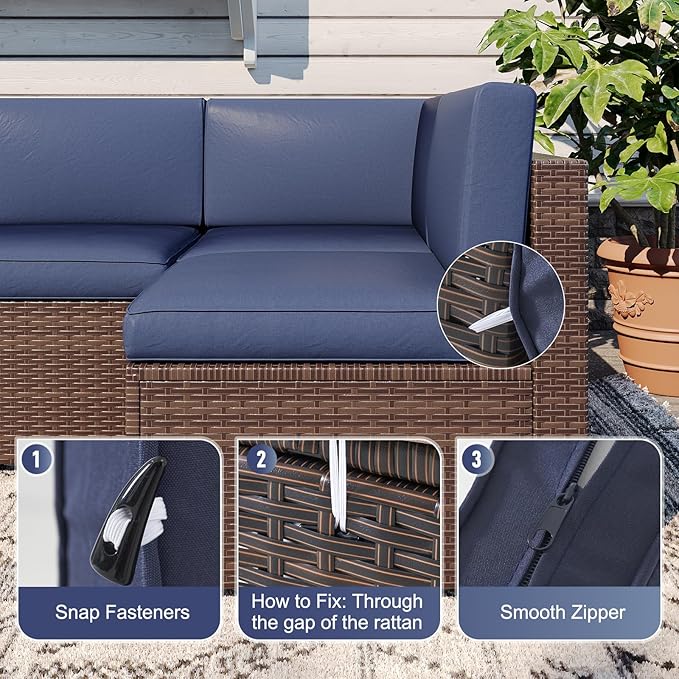 Aoxun Outdoor Replacement Cushions for Patio Furniture, Waterproof Sofa Cushion for 6-Seat Rattan Wicker Sectional Patio Conversation Sets, 14-Piece Cushions Set for L-Shape Couch, Navy