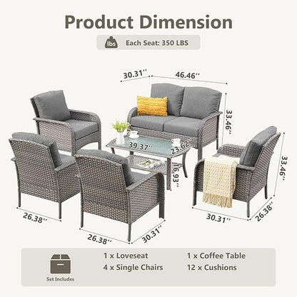 6-Piece Wicker Patio Furniture Set, All-Weather Rattan Conversation Bistro Loveseat Chair and Table Set for Backyard, Balcony and Deck with Soft Cushions and Metal Table(Dark Gray)