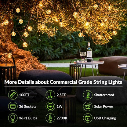 Lakumu 100FT G40 Solar String Lights Outdoor Waterproof, Globe Outdoor String Lights with 36+1 LED Shatterproof Bulbs, 2700K Patio Lights Solar Powered Hanging Lights for Outside Camping Backyard