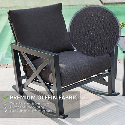 NATURAL EXPRESSIONS Patio Rocking Bistro Set, 3 Piece Outdoor Conversation Furniture Set with 2 Rockers and 1 Metal Coffee Table with Thick Cushions,2 Pack Patio Chair Covers Included