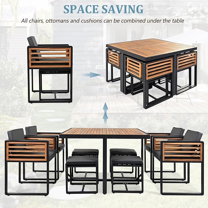 Merax 18 Pieces Outdoor Dining Set for 16 People, Acacia Wood Patio Furniture Sets with 2 Square Tables, 8 Cushioned Chairs and 8 Ottomans for Backyard, Garden, Lawn, Poolside, Gray