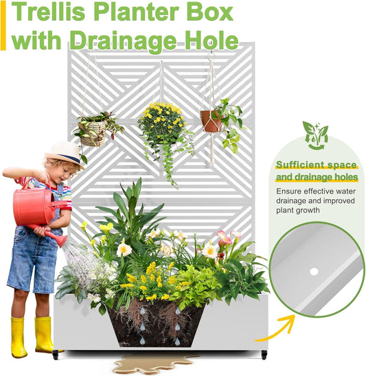 FENCY Metal Raised Garden Bed with Wheels and Trellis,73"x47"x16" Planter Box for Climbing Plants, Vegetables & Vines, Features Privacy Screen and Drainage Holes (White-Modern)