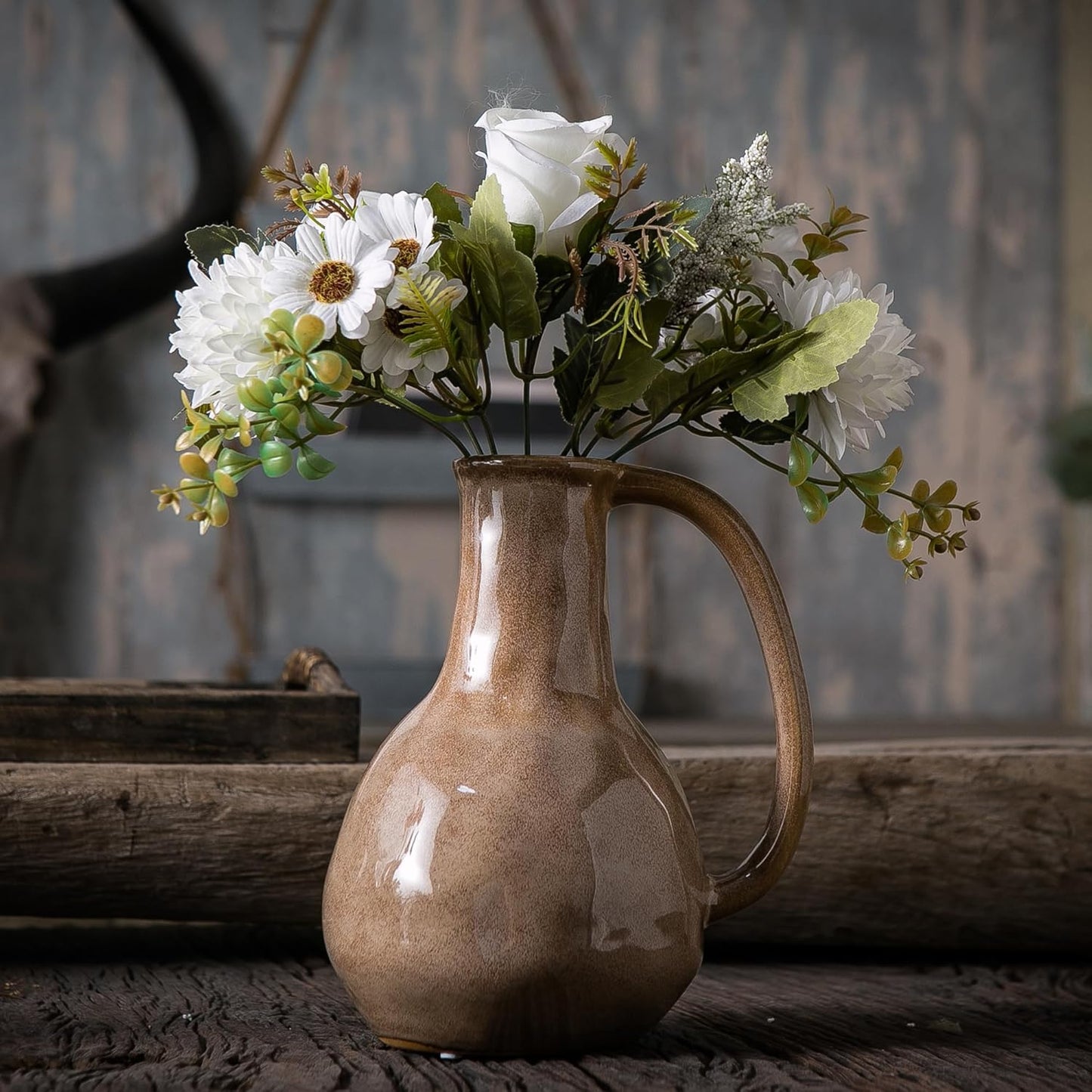Brown Ceramic Vase with Big Handles, Modern Farmhouse Decor, Rustic Pottery for Flowers, Decorative Terracotta Centerpiece for Dining Table