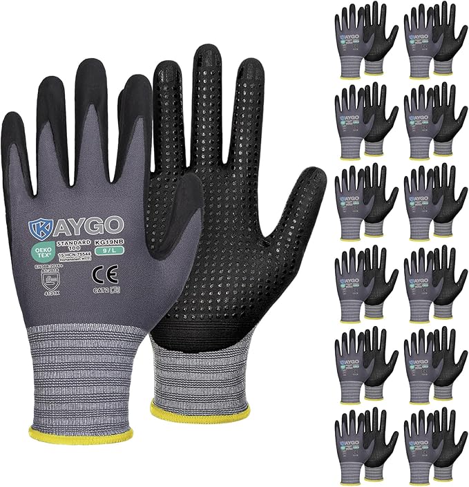 KAYGO MicroFoam Nitrile Coated Work Gloves, 12 Pairs KG19N Seamless Knit Nylon, Micro Dots for Enhanced Grip, Breathable and Durable, Ideal for Automotive, General Assembly, Painting, Gray, L