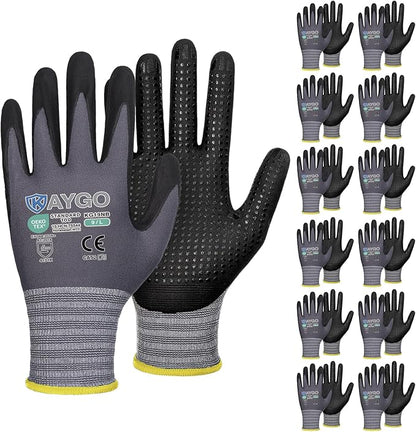 KAYGO MicroFoam Nitrile Coated Work Gloves, 12 Pairs KG19N Seamless Knit Nylon, Micro Dots for Enhanced Grip, Breathable and Durable, Ideal for Automotive, General Assembly, Painting, Gray, L