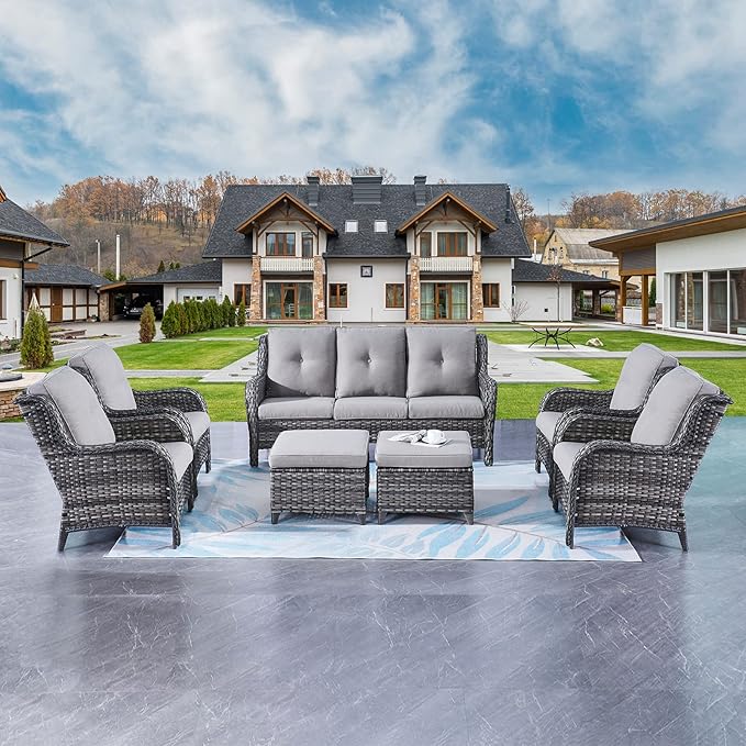 Rilyson Wicker Patio Furniture Set - 7 Piece Rattan Outdoor Sectional Conversation Sets with 1 Sofa,4 Armrest Chairs and 2 Ottomans for Porch Deck Garden(Mixed Grey/Grey)