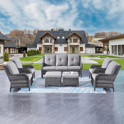 Rilyson Wicker Patio Furniture Set - 7 Piece Rattan Outdoor Sectional Conversation Sets with 1 Sofa,4 Armrest Chairs and 2 Ottomans for Porch Deck Garden(Mixed Grey/Grey)